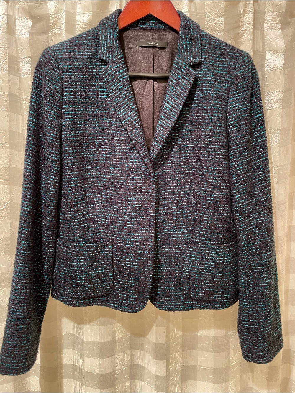 Tahari Navy and Teal Tweed Blazer Jacket